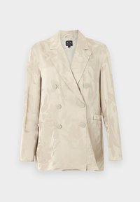 Blazer beige croisé avec un motif floral subtil, col à revers cranté, manches longues, deux poches plaquées frontales et six boutons assortis.