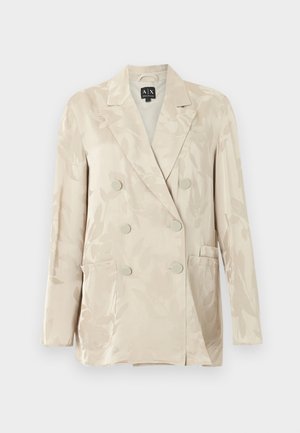 Blazer beige croisé avec un motif floral subtil, col à revers cranté, manches longues, deux poches plaquées frontales et six boutons assortis.
