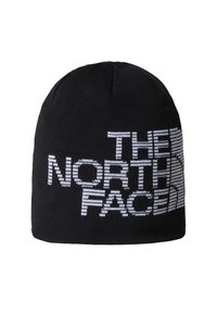 Beanie in maglia nera con logo "THE NORTH FACE" bianco, in tessuto testurizzato e vestibilità aderente. Design semplice con cima arrotondata.