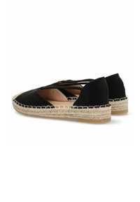 Espadrilles de ante negro con suela de cuerda trenzada, que presentan lados abiertos y tiras cruzadas. Textura suave con un tacón plano.
