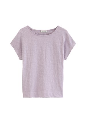 Lichtpaars katoenen T-shirt met korte mouwen, een ronde halslijn en een losse pasvorm, plat weergegeven tegen een witte achtergrond.