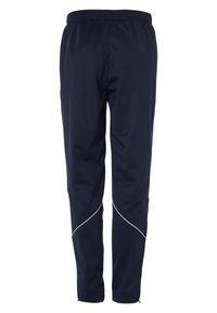 Marineblauwe sportbroeken gemaakt van lichtgewicht stof met een elastische tailleband, voorzien van witte piping accenten langs de naden.