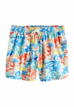 Herren-Badeshorts mit buntem tropischem Muster mit Palmen, Booten, Wellen und Seesternen, elastischem Bund und weißem Kordelzug.