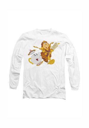 White long-sleeve T-shirt featuring cartoon characters: a teapot, a lion, and a candlestick, with colorful details and playful expressions.