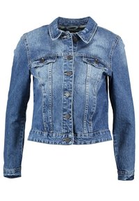 Modrá džínsová bunda s zapínáním na knoflíky, dvěma náprsními kapsami s klopou, dlouhými rukávy a klasickým límcem.