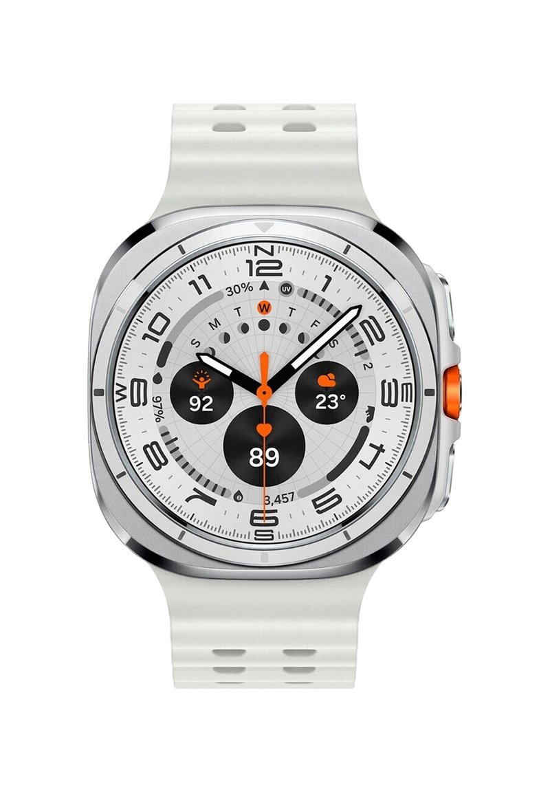 Smartwatch with a round silver case, white silicone strap, and a white dial featuring black accents. Detailed displays for time, weather, and fitness data.