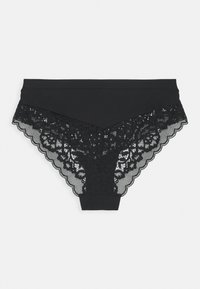 Black lace underwear featuring a scalloped edge and a smooth waistband, with intricate floral pattern on the lace section.