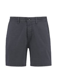 Shorts pour hommes en gris foncé, fabriqués en tissu mélangé coton, avec une fermeture à bouton, des passants de ceinture et des poches latérales. Texture lisse avec des coutures solides.