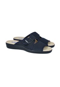 Sandalias de slide de malla azul marino con una suela texturizada, diseño de punta abierta y una correa ajustable que cuenta con un detalle de hebilla decorativa.