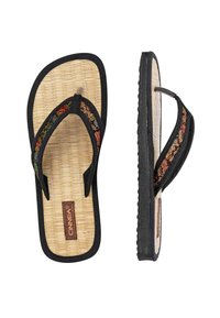 Black flip-flops with a woven straw footbed and patterned fabric straps featuring red, green, and yellow floral designs.