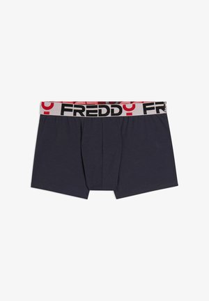 Boxer de algodón azul oscuro con una cintura elástica roja y blanca que lleva la marca "FREDDY". En la parte frontal tiene una ligera bolsa y no presenta patrones visibles.