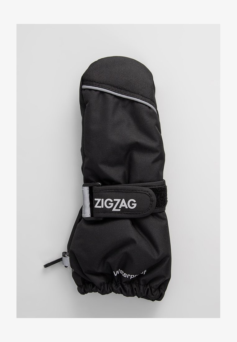 Mitten noire imperméable avec un tissu texturé, un poignet élastique et une sangle Velcro, présentant un logo argenté et des accents de finition.