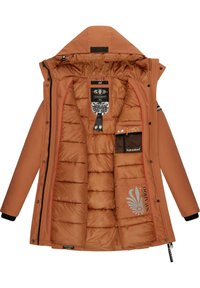 Brown padded coat with a hood, featuring red accents, multiple interior labels, and a mesh pocket. Smooth exterior texture.