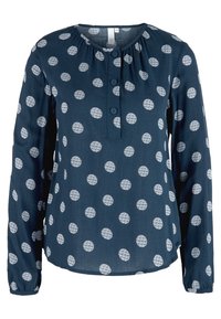 Navy blouse featuring long sleeves, a round neckline, a buttoned placket, and a white circular pattern throughout. Made from lightweight fabric.
