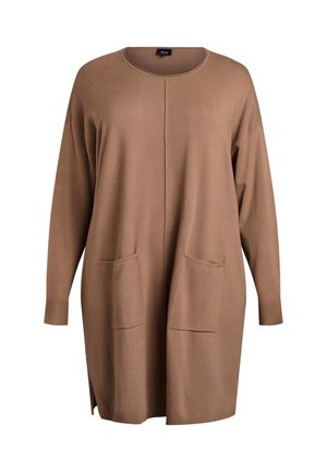 Pruun pikk kardigan, tehtud pehmest materjalist. Omadusteks on ümar kaelus, pikad varrukad, kaks esimest taskut ja külgedel lõhikud ääres.