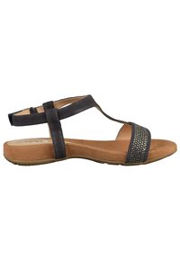 Svart sandal med en mjuk mocka-yta, som har korslagda remmar och ett dekorerat tåband. Dämpad innersula på en flexibel gummisula.