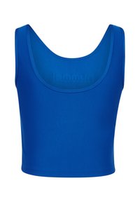 Royal blue cropped tank top made of smooth fabric, featuring a wide scoop neck and no visible seams, suitable for casual or athletic wear.