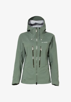 Green waterproof jacket featuring a hood, zippered front, and two chest pockets with contrasting zippers. Made from durable fabric, smooth texture.