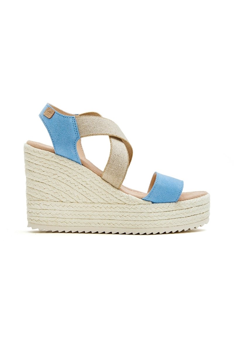 Sandalias de cuña con un upper textil en azul y beige, que presentan correas entrelazadas y una suela de plataforma envuelta en yute, con acabado texturizado.