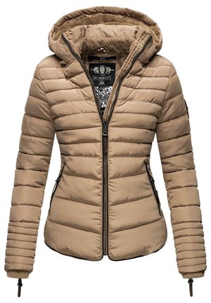 Beige padded jacket with a hood, featuring a zip front, side pockets, and ribbed cuffs. Soft texture with a faux fur lining.