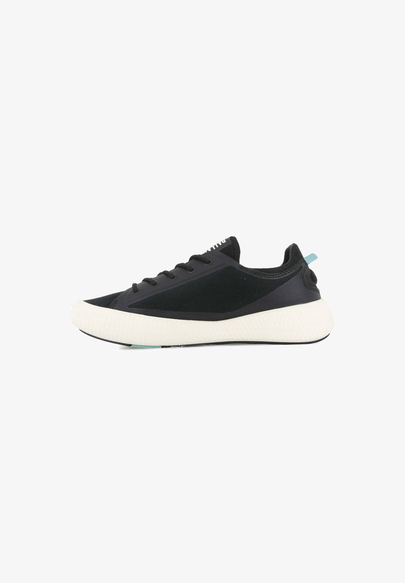 Black athletic shoes with a smooth fabric upper, a textured white sole, and a small turquoise accent on the heel. Minimal lacing design.