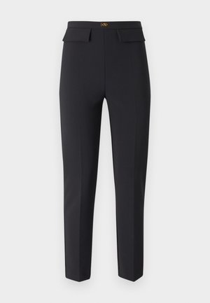 Black tailored pants made of smooth fabric, featuring a fitted waist with two front pockets and a concealed zipper. Gold accent at the waist.