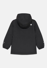 Schwarze, wasserfeste Jacke mit Kapuze, elastischen Manschetten und reflektierenden Akzenten. Einfaches Design mit einem Logo auf dem oberen Rücken.
