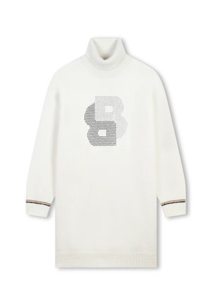 Witte coltrui met lange mouwen, voorzien van een zwart stippenmotief met de letters "B" aan de voorkant en gestreepte accenten bij de mouwen.