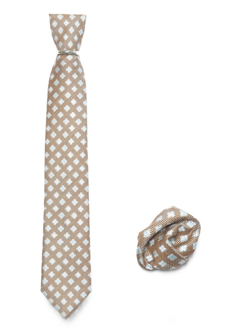 Bruine stropdas met een lichtblauw geometrisch patroon, vergezeld van een bijpassende pochet, beide met een gestructureerde stofafwerking.