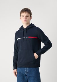 Jūrinės spalvos džemperis su balta ir raudona horizontalia juosta, ant kurios yra užrašas "TOMMY HILFIGER". Džemperis turi kengūros tipo kišenę ir reguliuojamą gobtuvą.