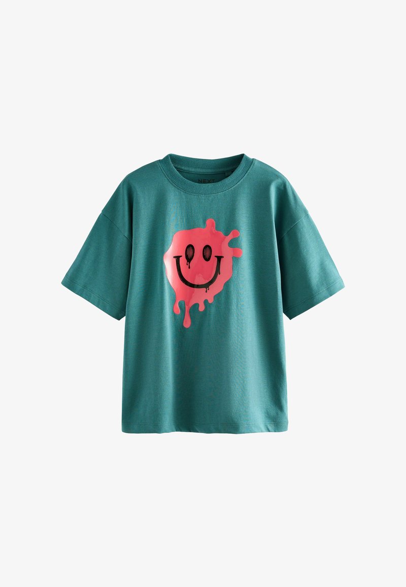 Turquoise katoenen t-shirt met korte mouwen, voorzien van een grote roze glimlachend gezicht afbeelding met druppels en zwarte ogen en mond.