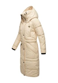 Ljusbeige lång pufferjacka med huva, som har dragkedja fram, sidofickor, elastiska ärmslut och diagonala quiltade mönster.