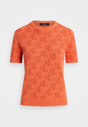 Suéter de manga corta naranja con un patrón total de logotipos "RLL". Material de punto con cuello redondo y dobladillo acanalados.
