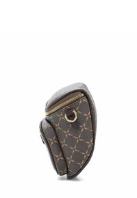 Brązowa skórzana torba crossbody z beżowym wzorem w kratkę, złotym zamkiem i przednią kieszenią z detalem w kształcie D, pokazana z boku.