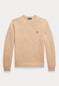 Beigen värinen pyöreäkauluksinen neulepaita pitkällä hihoilla ja pienellä tummalla Polo Ralph Lauren -logolla vasemmassa rinnassa.
