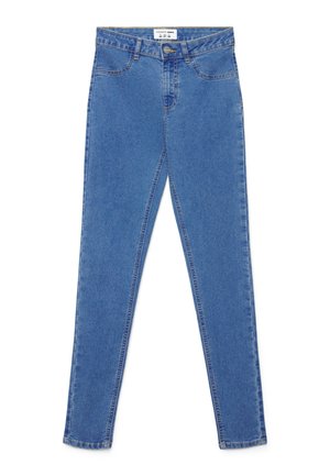Jeans aderenti a vita alta blu con bottoni e cerniera frontali, due tasche frontali e passanti per cintura, etichetta della taglia visibile all'interno della cintura in vita.