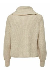 Beige gebreide trui met een brede kraag, cropped lengte en volledige mouwen. Textuurpatroon door de stof heen, soft en cozy uitstraling.