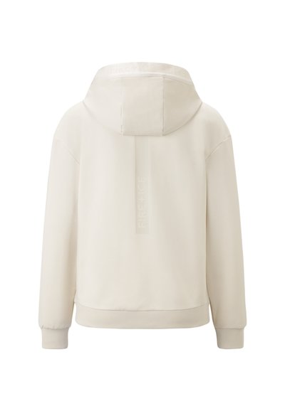 Light beige hoodie with a textured finish. Features a hood, long sleeves, and a subtle logo on the back. No front pockets visible.