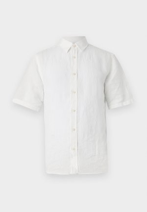 Hvit kortermet skjorte med knapper laget av lin, med klassisk krage, treknapper og en litt teksturert finish.