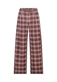 Wide-leg plaid trousers in brown with white and pink accents. Features a high waist, belt loops, and pleats for added detail.