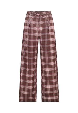Brede geplooide pantalon in bruin met witte en roze accenten. Voorzien van een hoge taille, riemlussen en plooien voor extra detail.