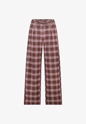Pantalon large à carreaux marron avec des accents blancs et roses. Dispose d'une taille haute, de passants de ceinture et de plis pour plus de détails.