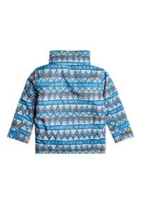 Páperová bunda s vysokým golierom, so geometrickým vzorom v modrej, bielej a oranžovej farbe. Dlhé rukávy, vyrobená z lesklého, vodoodolného materiálu.