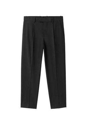 Pantalones formales negros a medida con trabillas para cinturón, bolsillos laterales y cremallera frontal con cierre de botón, mostrados planos sobre un fondo blanco.