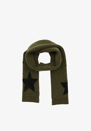 Olijfgroene gebreide sjaal met zwarte sterrenpatronen. Zacht, gestructureerd materiaal; ribbelranden; heeft een merkembleem. Behoudt een rechthoekige vorm.