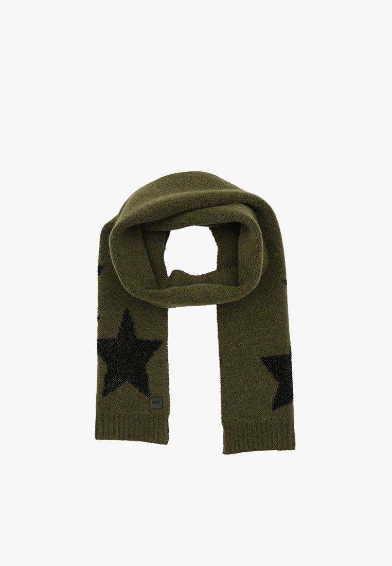 Sciarpa lavorata a maglia verde oliva con motivi a stelle nere. Tessuto morbido e texturizzato; estremità a coste; presenta un'etichetta con marchio. Mantiene una forma rettangolare.