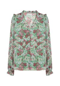 Blusa a maniche lunghe con scollo a V arricciato e polsi arricciati, caratterizzata da un denso motivo floreale nei toni di verde, rosa, bianco e rosso.