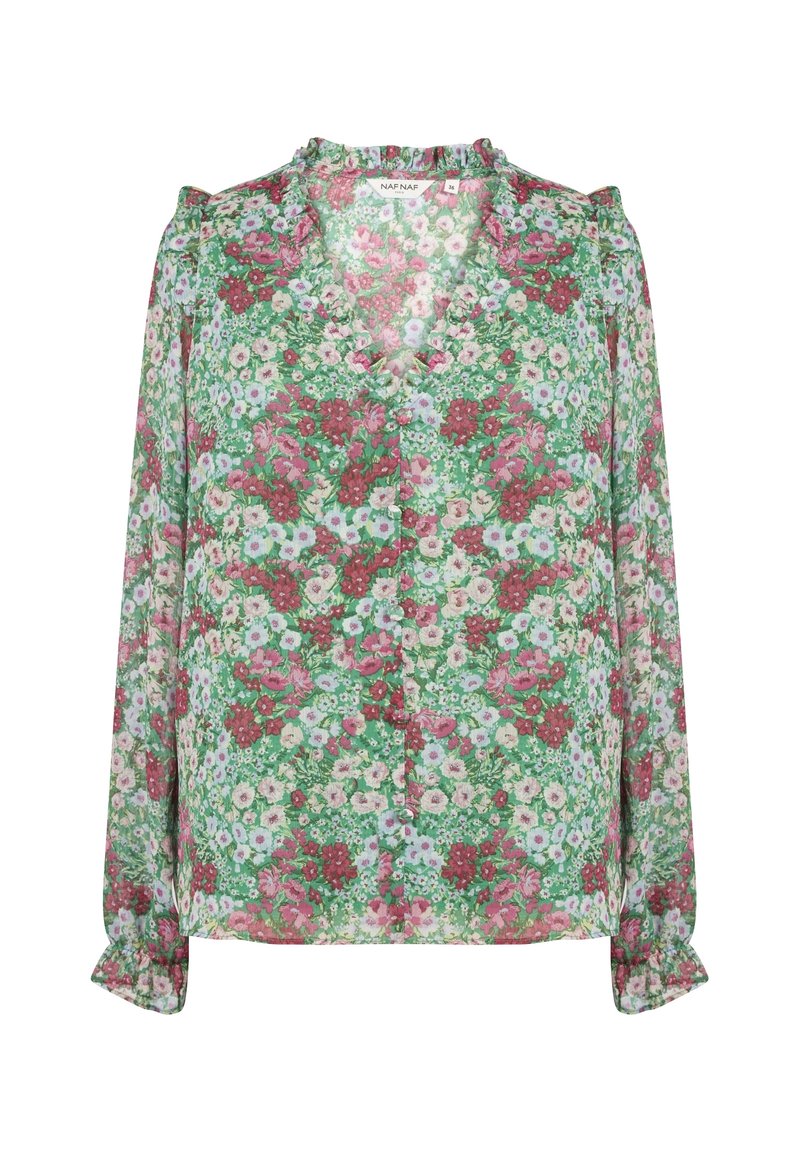 Blusa a maniche lunghe con scollo a V arricciato e polsi arricciati, caratterizzata da un denso motivo floreale nei toni di verde, rosa, bianco e rosso.
