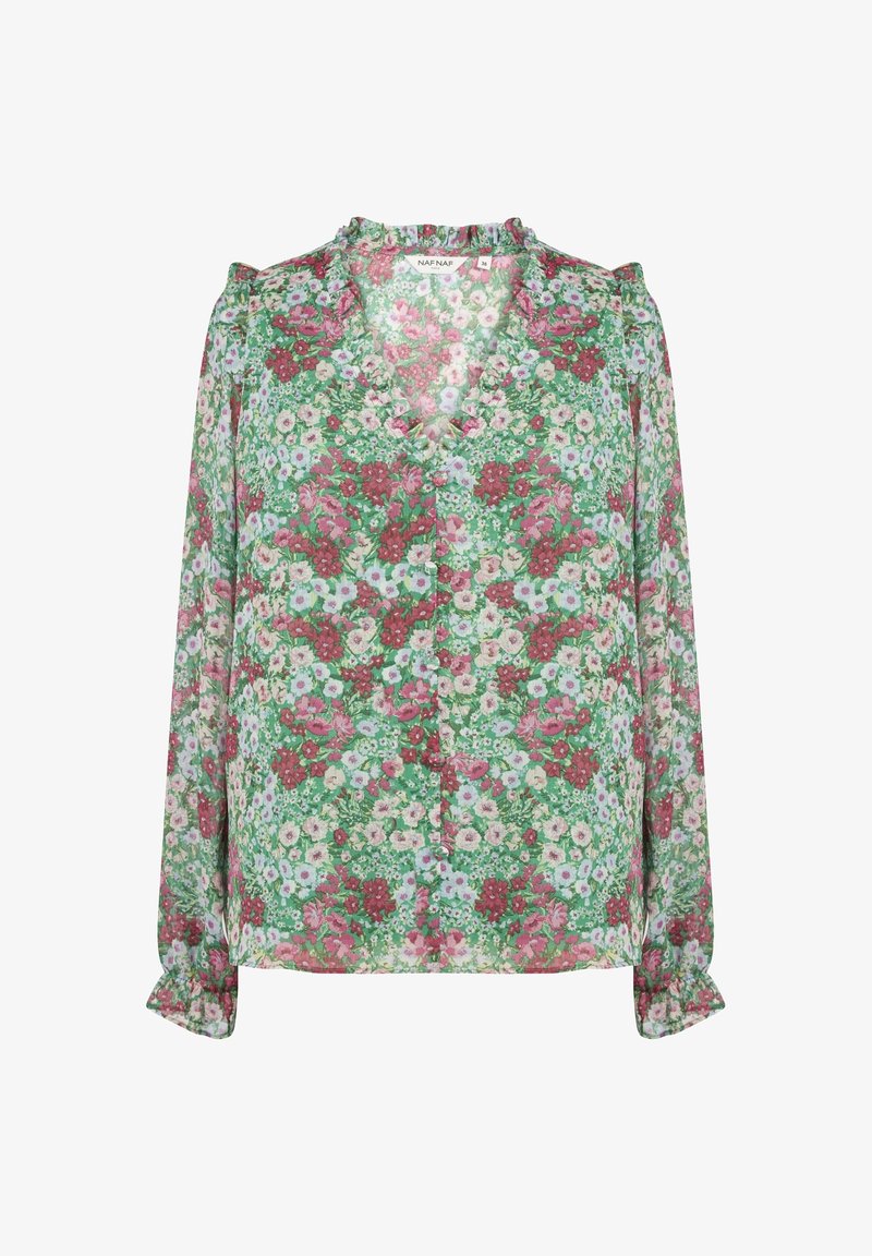 Blusa a maniche lunghe con scollo a V arricciato e polsi arricciati, caratterizzata da un denso motivo floreale nei toni di verde, rosa, bianco e rosso.