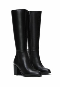 Black leather knee-high boots with a matte finish, a block heel, and an inner side zipper for ease of wear.